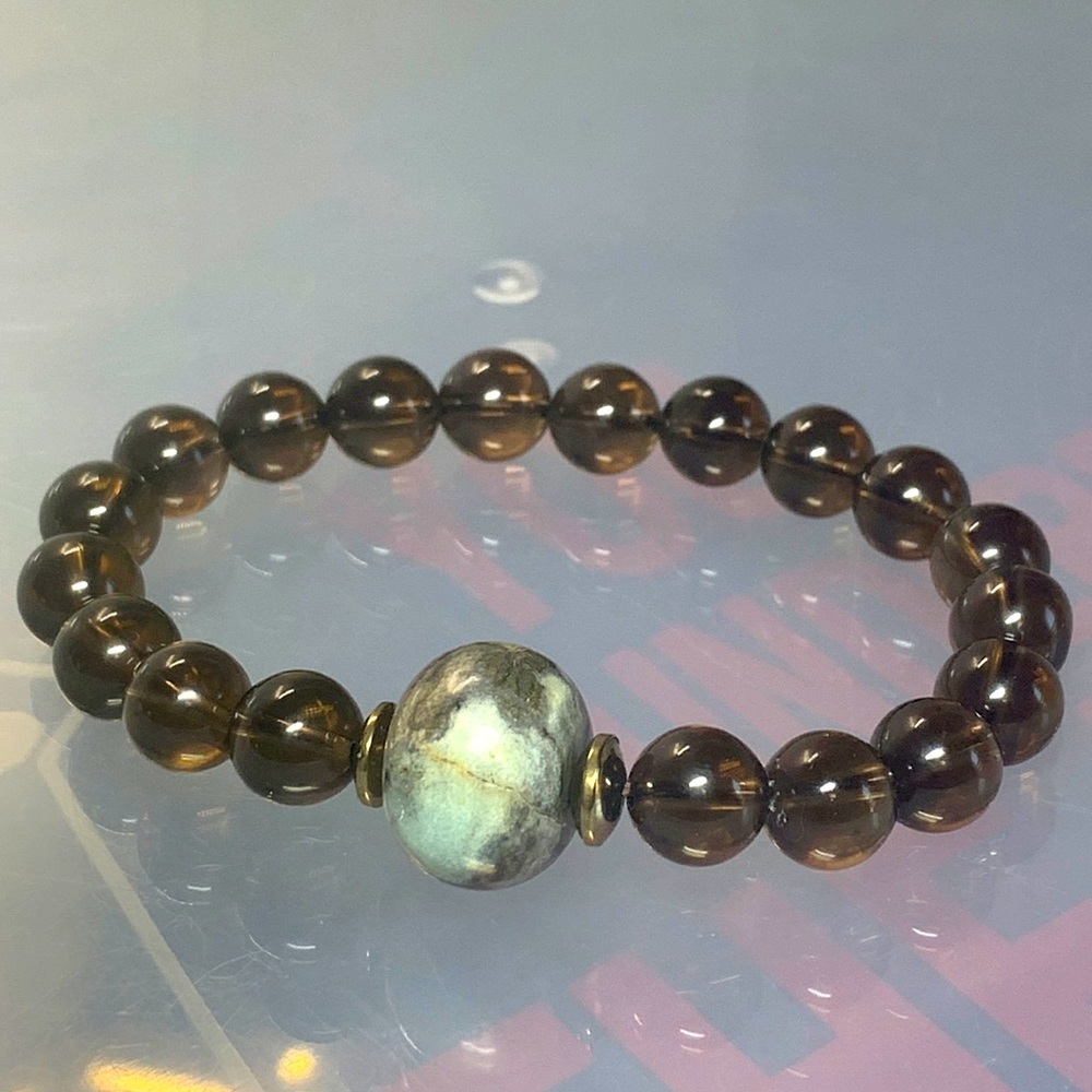 SMOKY QUARTZ + AMAZONITE NATURAL BRACELET size 7” UNISEX